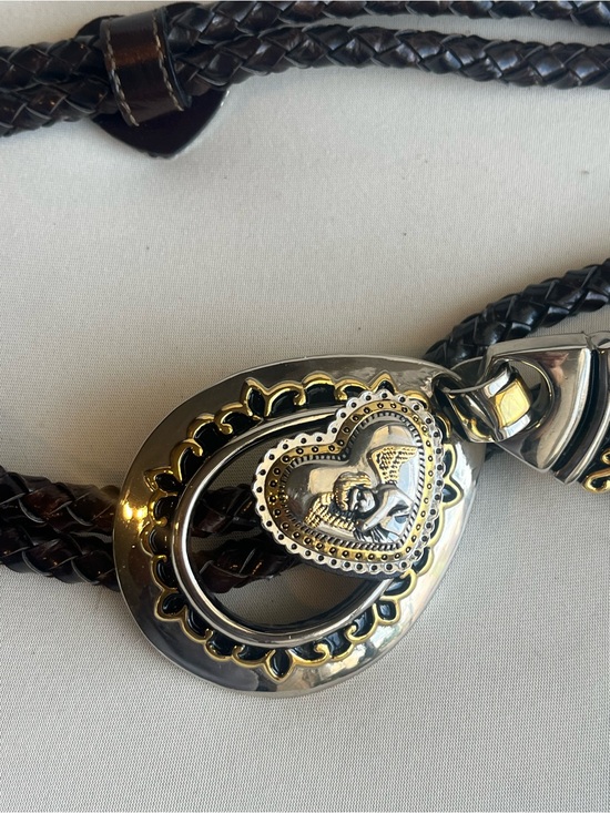 Women\'s Braided Black Leather Belt with Ornate Silver-Gold Heart Buckle wester main image 10
